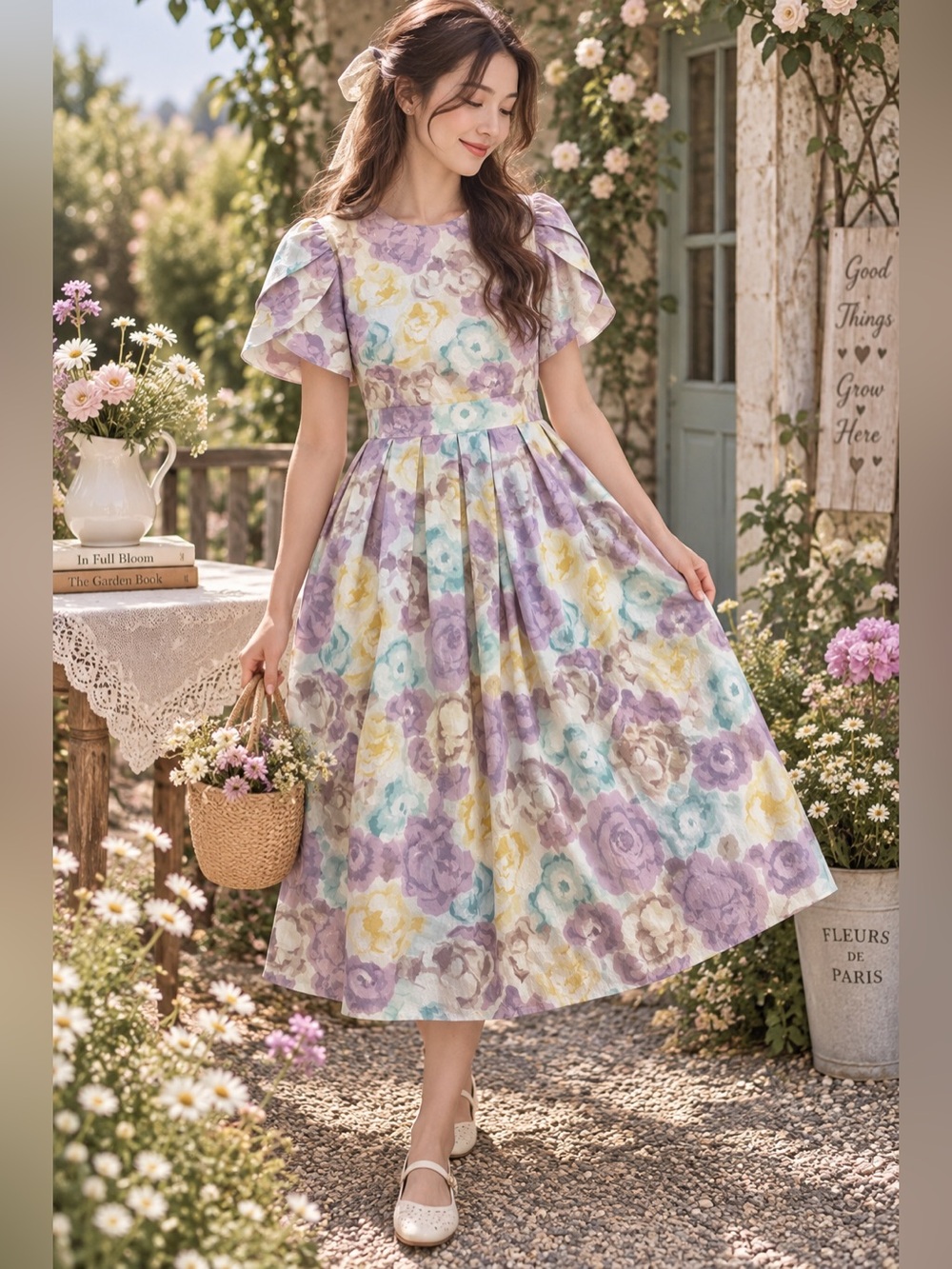 Claude Bennett Vintage Floral Cotton Top & Pleated Skirt Set